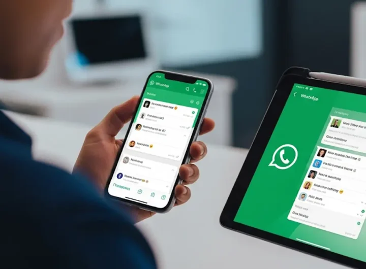 immagine dinamica e moderna che mostra una persona che utilizza contemporaneamente uno smartphone e un tablet
