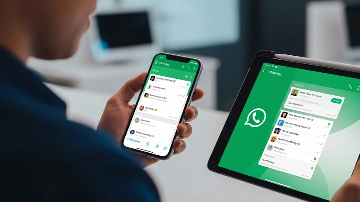 immagine dinamica e moderna che mostra una persona che utilizza contemporaneamente uno smartphone e un tablet