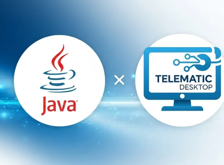 immagine pulita e professionale che mostra il logo di Java e icona del Desktop Telematico affiancati su uno sfondo astratto blu e bianco