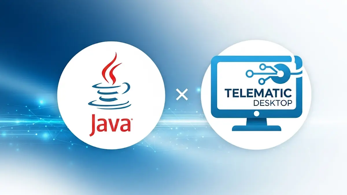 immagine pulita e professionale che mostra il logo di Java e icona del Desktop Telematico affiancati su uno sfondo astratto blu e bianco