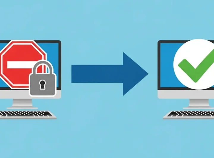 immagine stilizzata che mostri un'icona di un computer desktop con un lucchetto o un segnale di stop