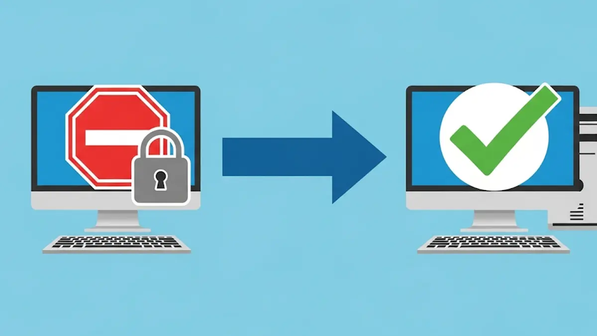 immagine stilizzata che mostri un'icona di un computer desktop con un lucchetto o un segnale di stop
