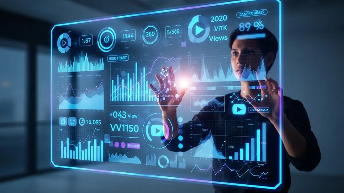 una persona che interagisce con un grande schermo olografico pieno di grafici e icone video