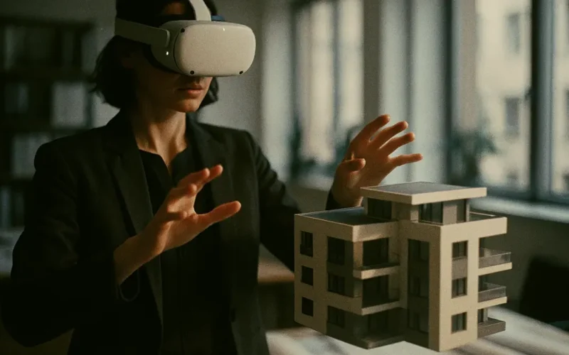 Architetto con visore VR che progetta e modifica un modello 3D in scala reale di un edificio residenziale moderno
