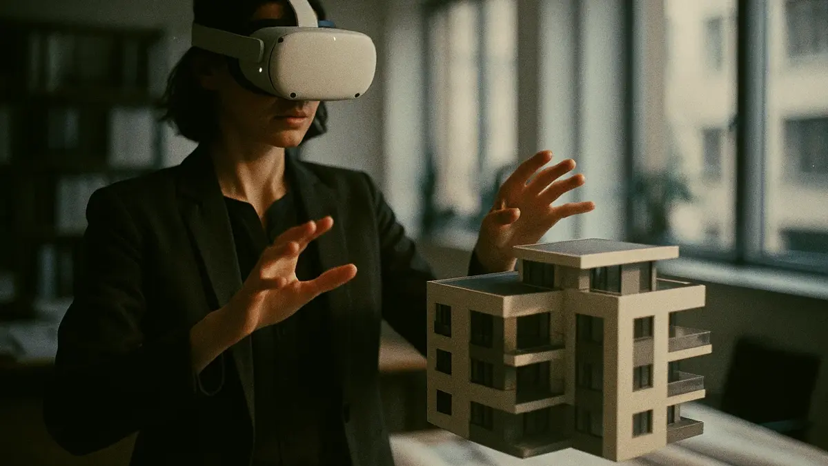 Architetto con visore VR che progetta e modifica un modello 3D in scala reale di un edificio residenziale moderno