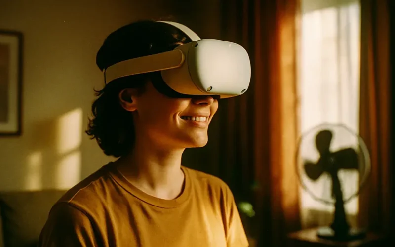 Donna che usa un visore VR in un salotto luminoso
