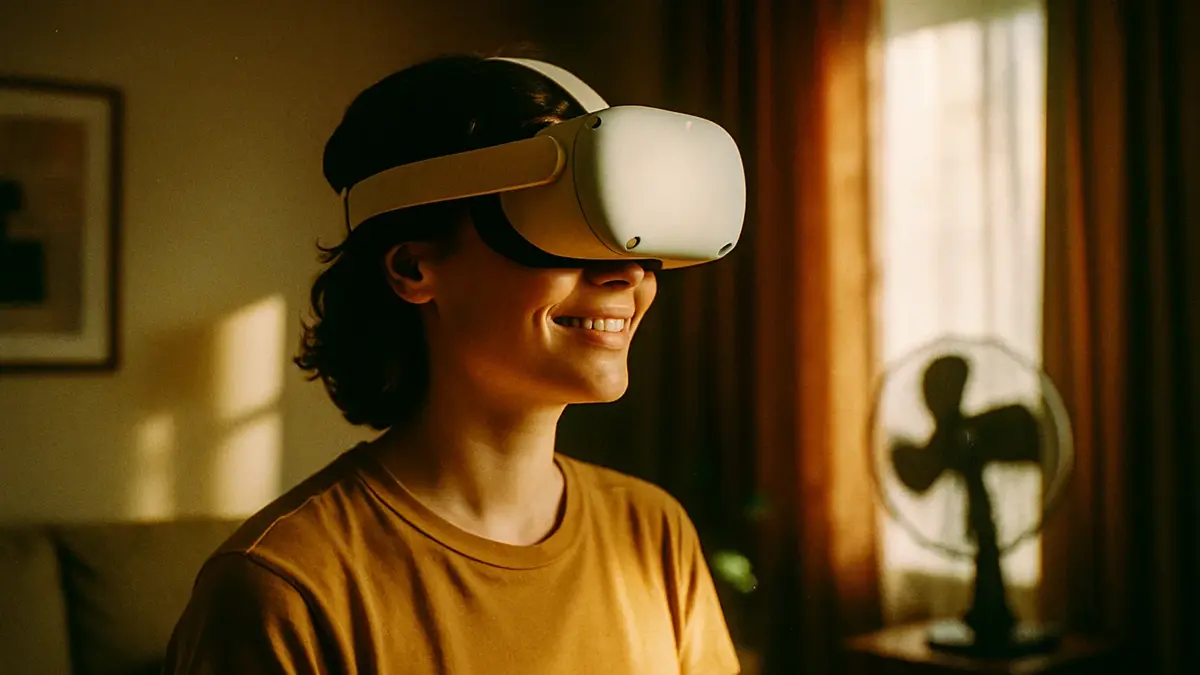 Donna che usa un visore VR in un salotto luminoso