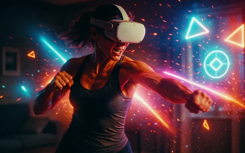 Donna energica con visore VR che si allena in un ambiente virtuale luminoso