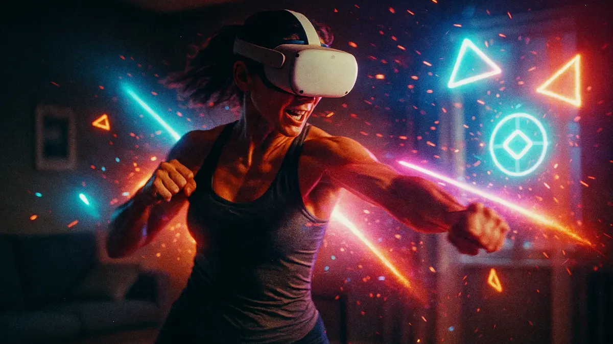 Donna energica con visore VR che si allena in un ambiente virtuale luminoso