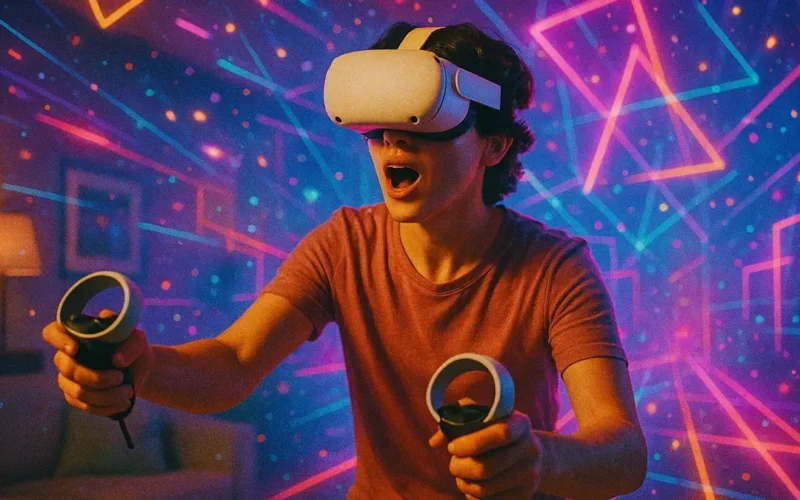 Persona stupita che indossa un visore VR economico nel suo salotto