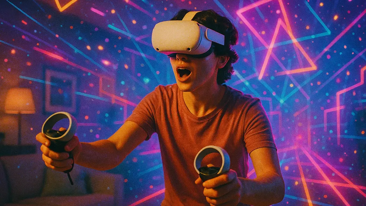 Persona stupita che indossa un visore VR economico nel suo salotto
