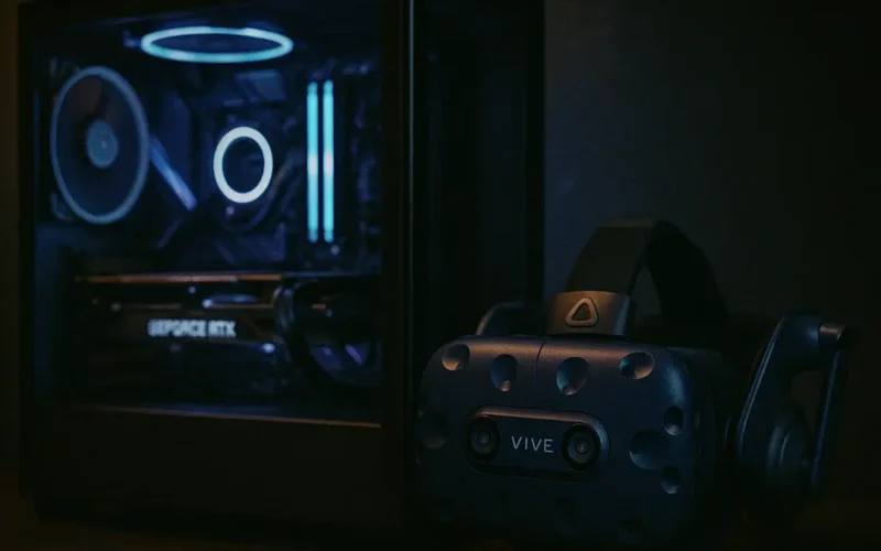 Un PC da gaming performante con componenti illuminati a LED accanto a un visore per la realtà virtuale HTC Vive Pro 2