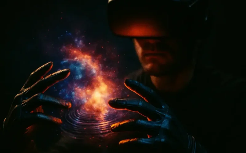 Una persona indossa un paio di guanti aptici neri dal design futuristico