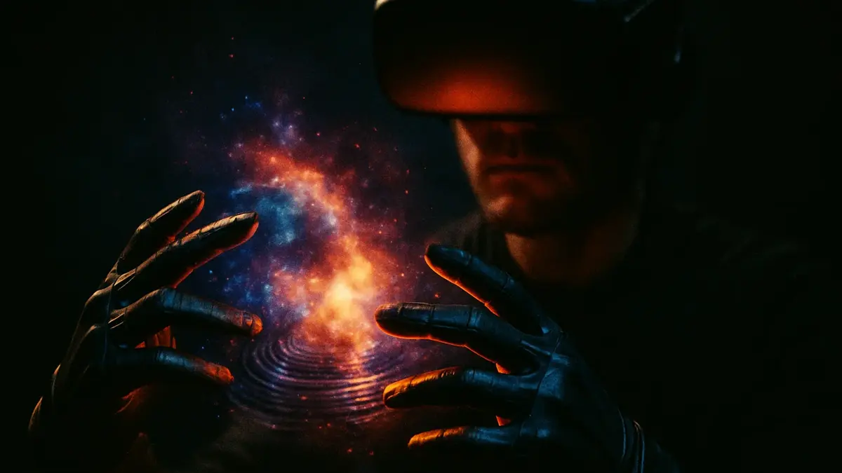 Una persona indossa un paio di guanti aptici neri dal design futuristico
