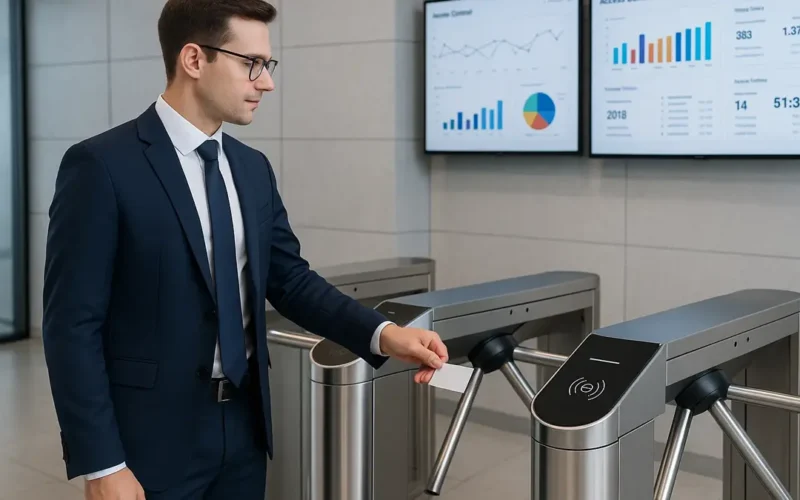 Dipendente che utilizza un badge RFID per accedere a un edificio aziendale