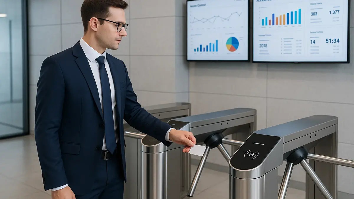 Dipendente che utilizza un badge RFID per accedere a un edificio aziendale