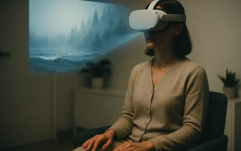 Donna con visore VR durante una sessione di psicoterapia per ansia