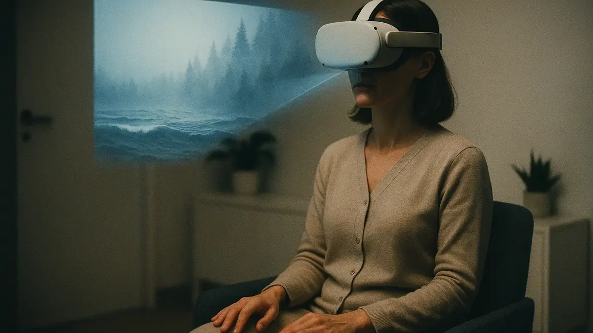 Donna con visore VR durante una sessione di psicoterapia per ansia