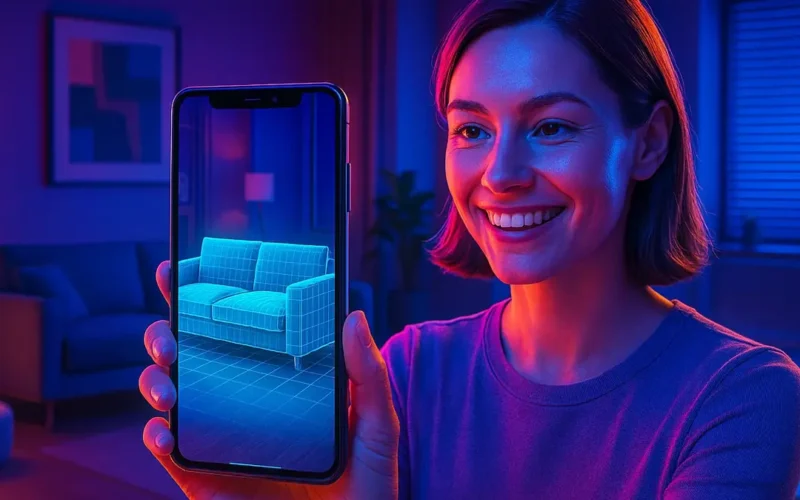 Donna usa smartphone per prova virtuale divano con realtà aumentata