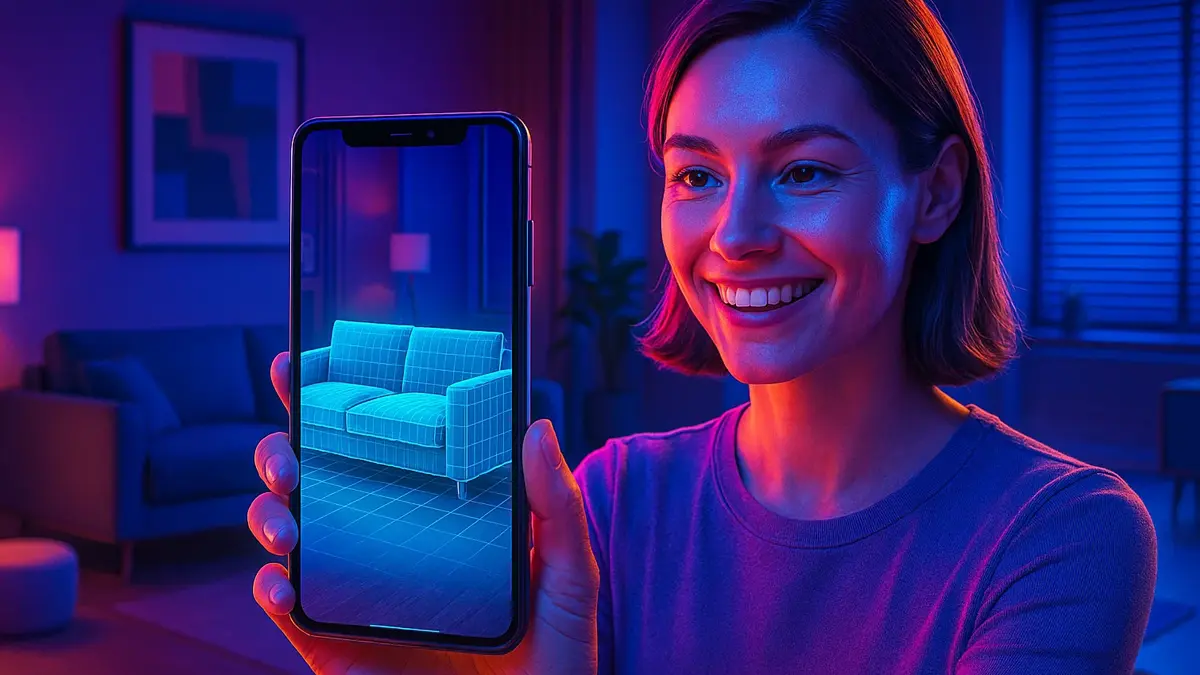 Donna usa smartphone per prova virtuale divano con realtà aumentata