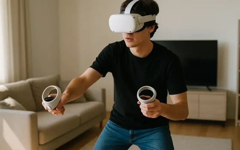 Giocatore indossa visore VR economico in salotto mentre impugna due controller