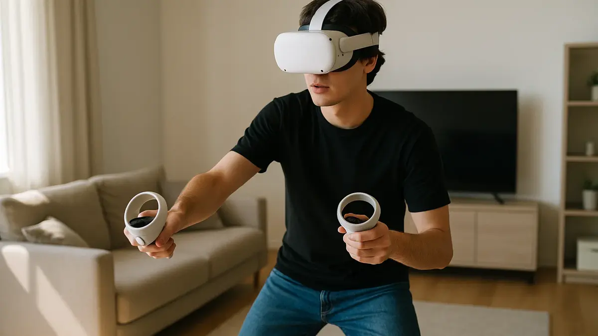 Giocatore indossa visore VR economico in salotto mentre impugna due controller