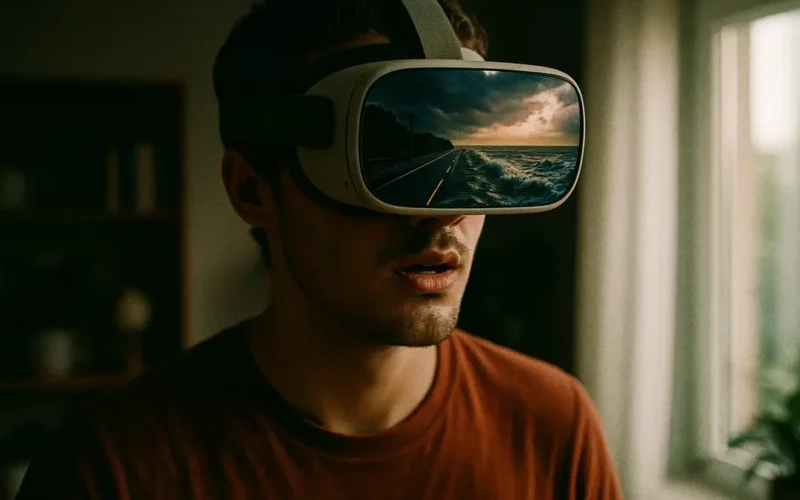 Giovane indiano che indossa un visore per realtà virtuale