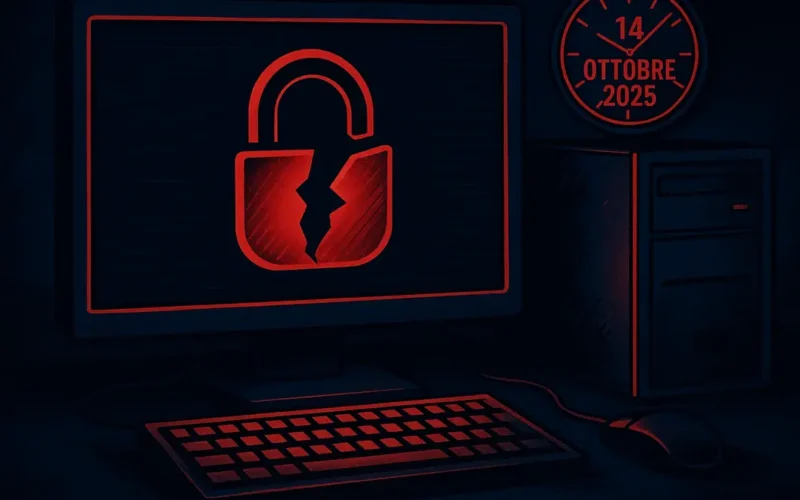 Illustrazione di un PC desktop che mostra un messaggio di allarme