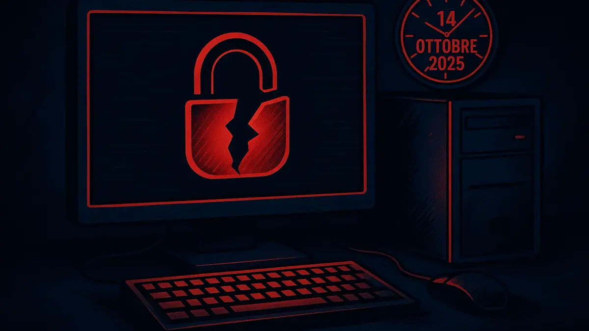Illustrazione di un PC desktop che mostra un messaggio di allarme