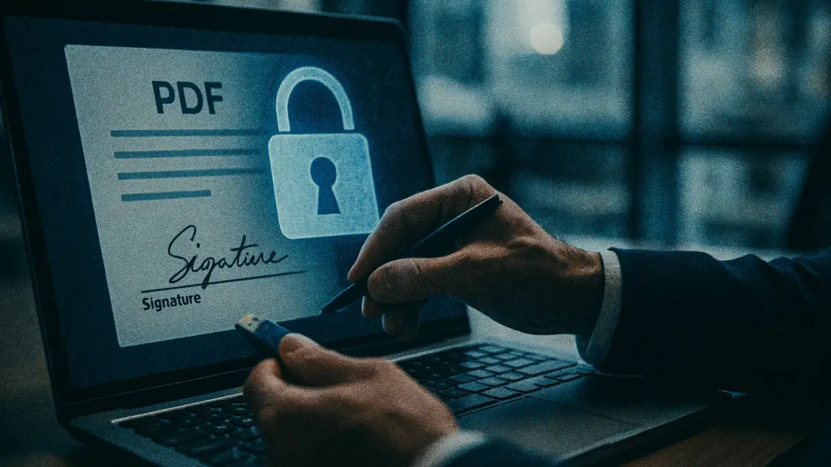 Persona che firma digitalmente un documento su laptop utilizzando un token USB