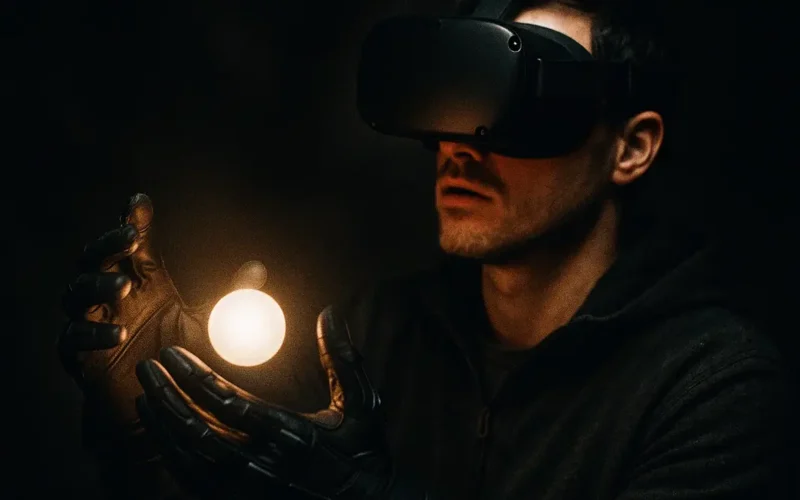 Primo piano di un utente che indossa un visore VR