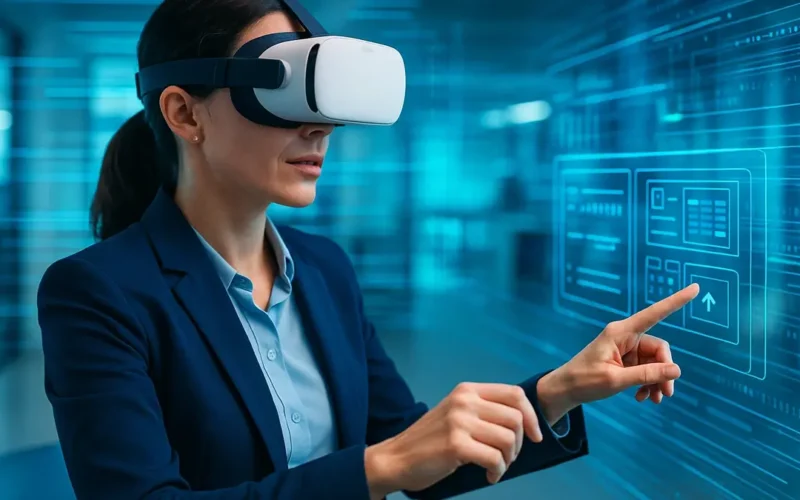 Professionista che usa visore VR per simulazione di formazione aziendale