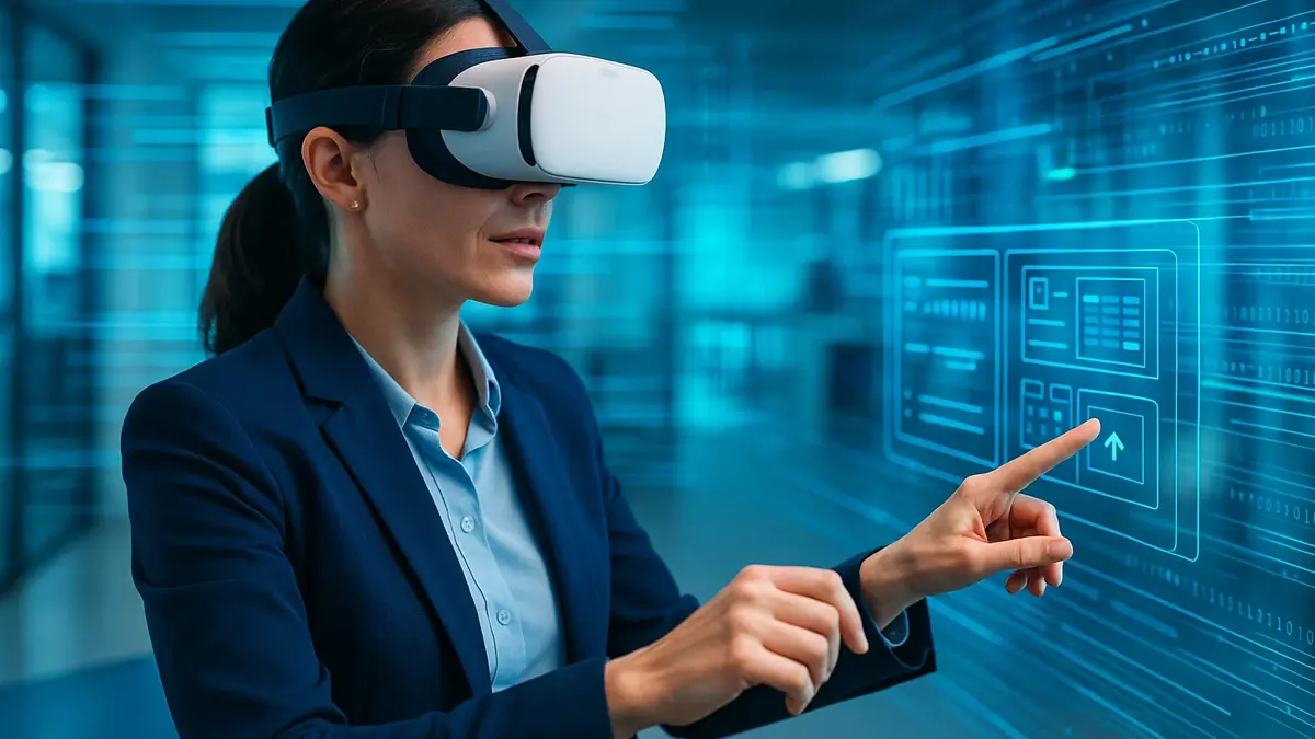 Professionista che usa visore VR per simulazione di formazione aziendale