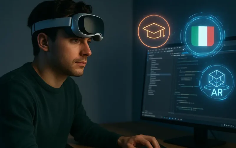 Sviluppatore italiano al PC con visore VR e smartphone