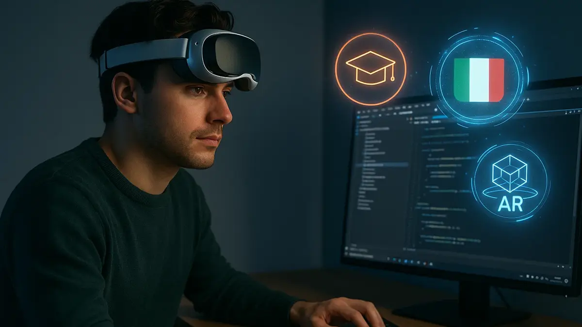 Sviluppatore italiano al PC con visore VR e smartphone
