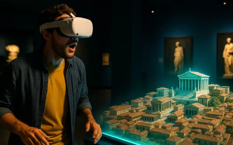 Visitatore in museo indossa visore VR ed esplora una ricostruzione virtuale 3D