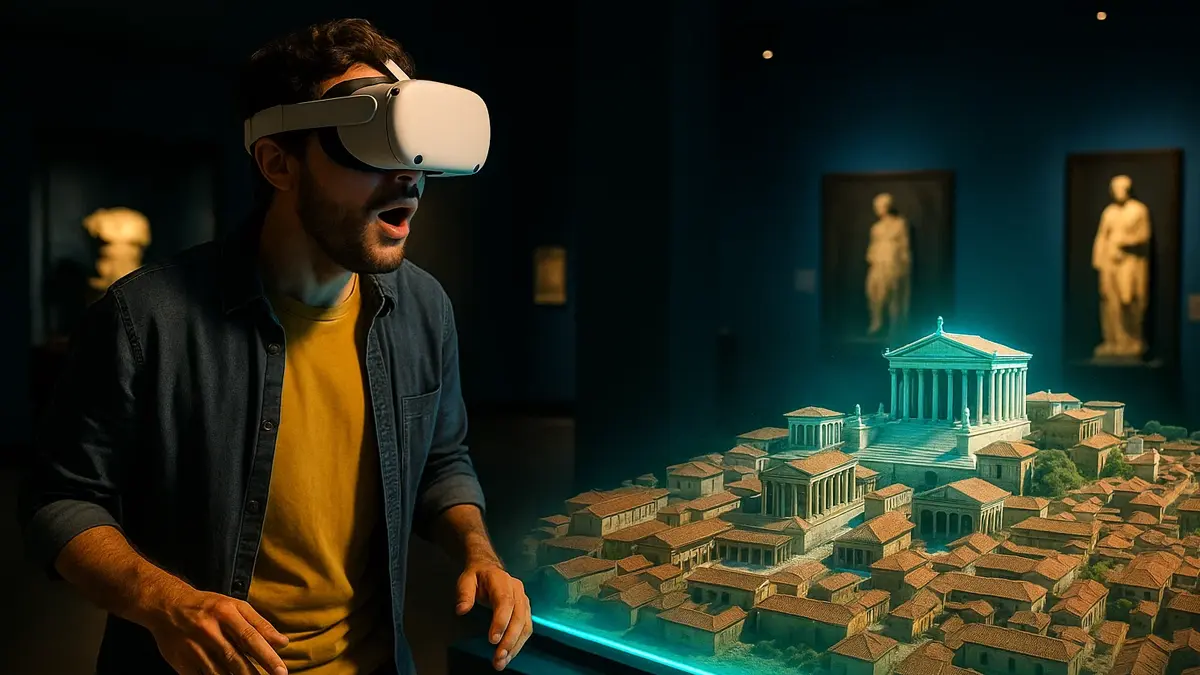 Visitatore in museo indossa visore VR ed esplora una ricostruzione virtuale 3D