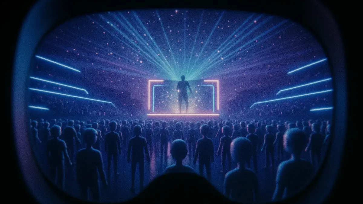 Visore VR con avatar digitali in un concerto virtuale live