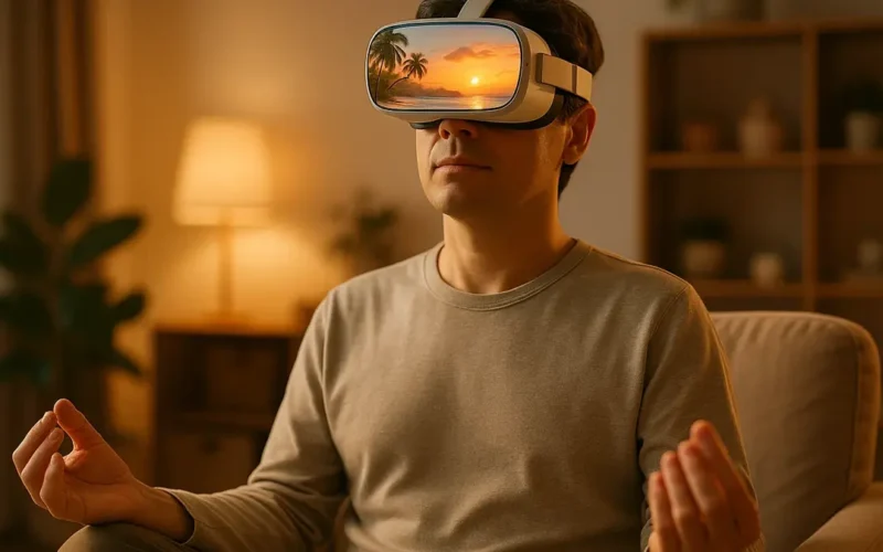 Visore di realtà virtuale in primo piano su una persona seduta in posizione meditativa