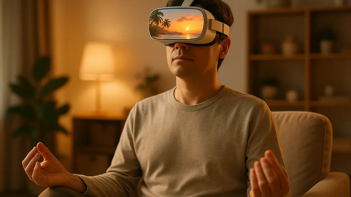 Visore di realtà virtuale in primo piano su una persona seduta in posizione meditativa