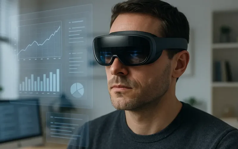 primo piano di una persona che indossa un moderno visore VR del 2025