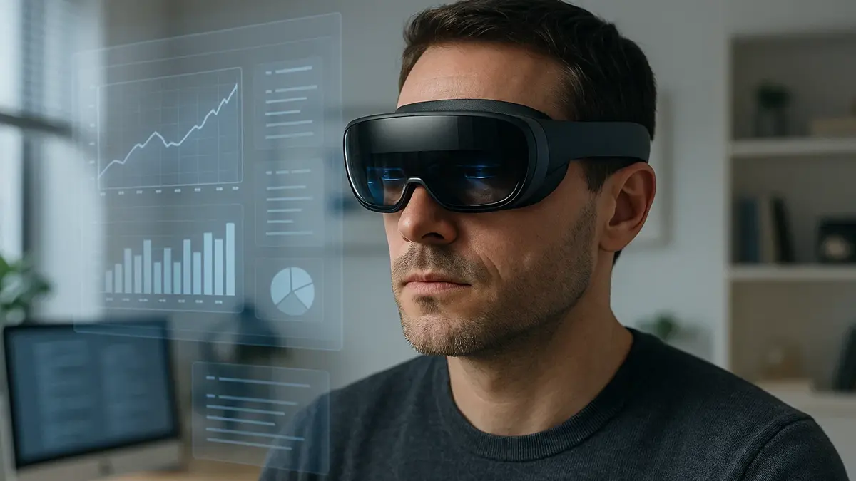 primo piano di una persona che indossa un moderno visore VR del 2025