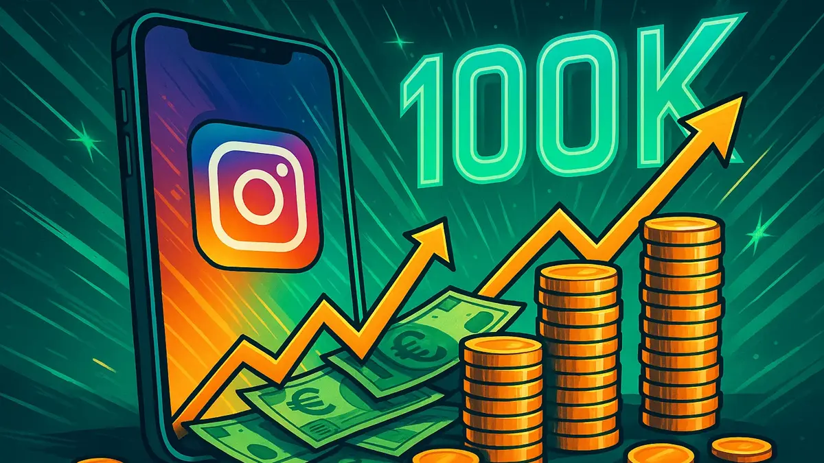 Pila di soldi e grafico ascendente che emergono da uno smartphone