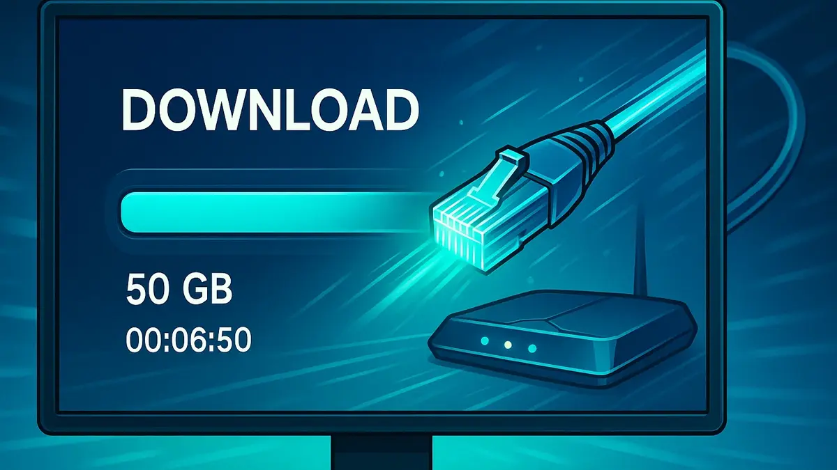Schermata di download che indica il tempo ridotto per scaricare 50 GB