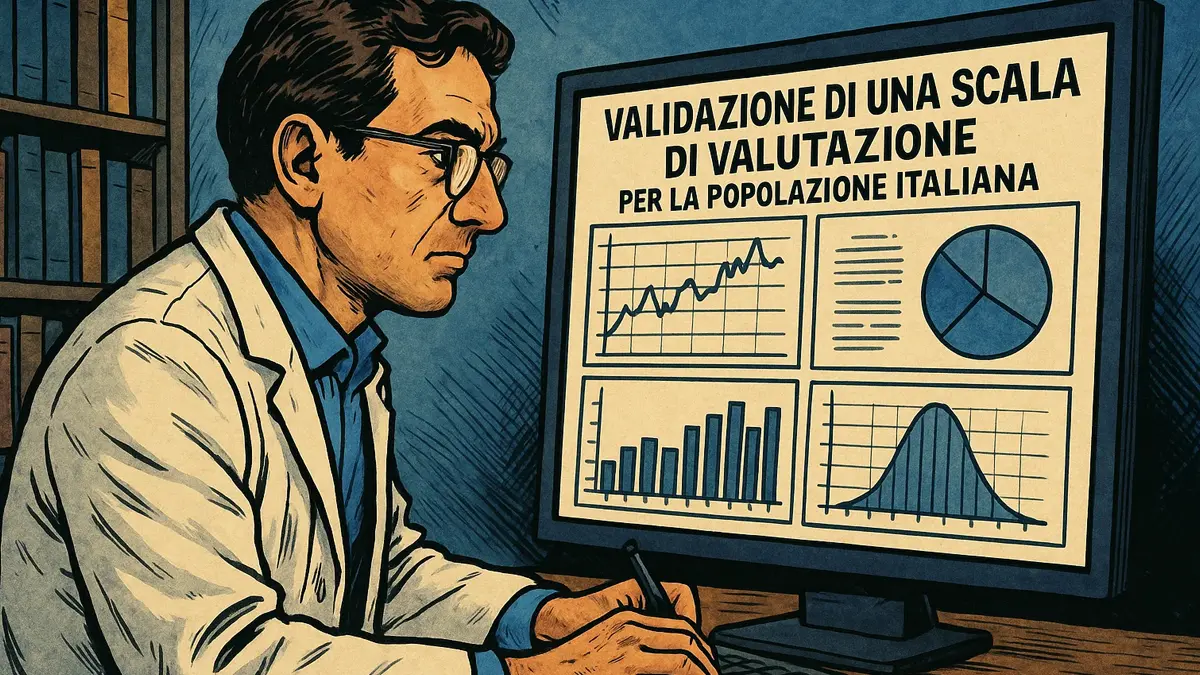 Un ricercatore italiano che analizza dati su un monitor con grafici psicometrici
