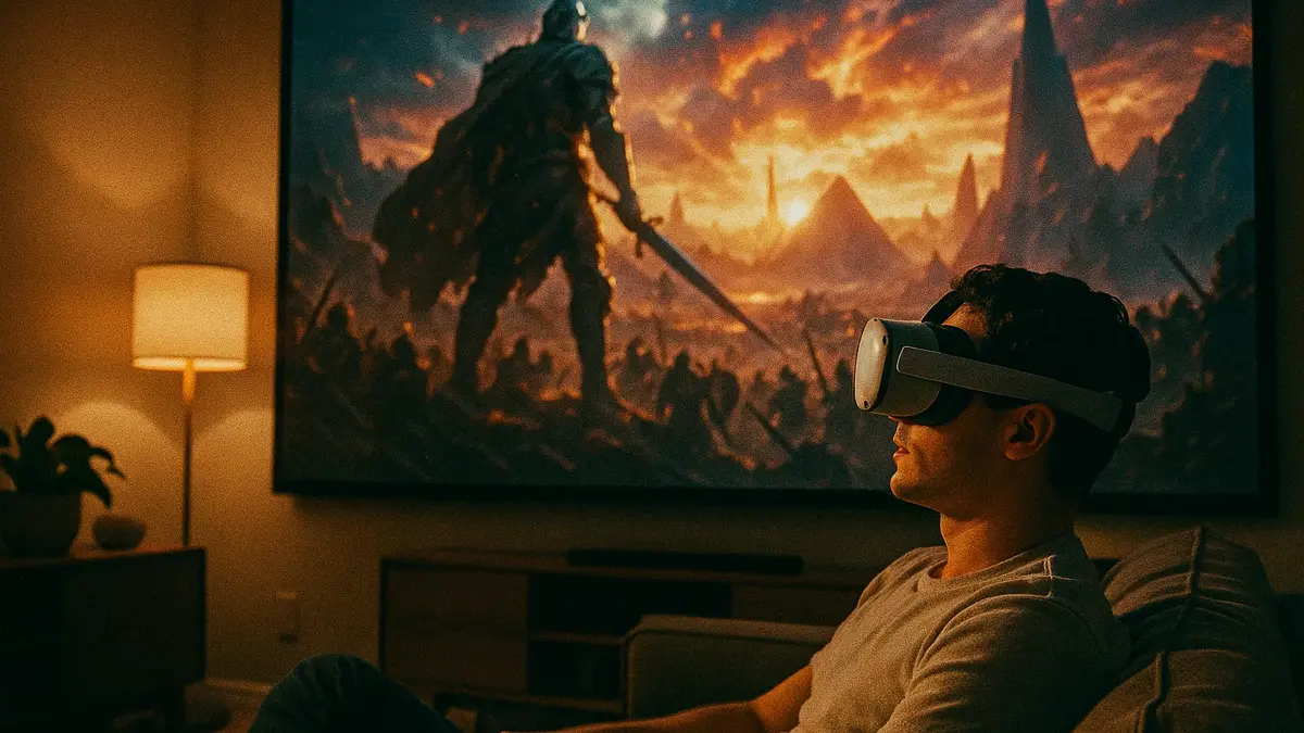 Un utente immerso in un esperienza cinematografica con un visore VR